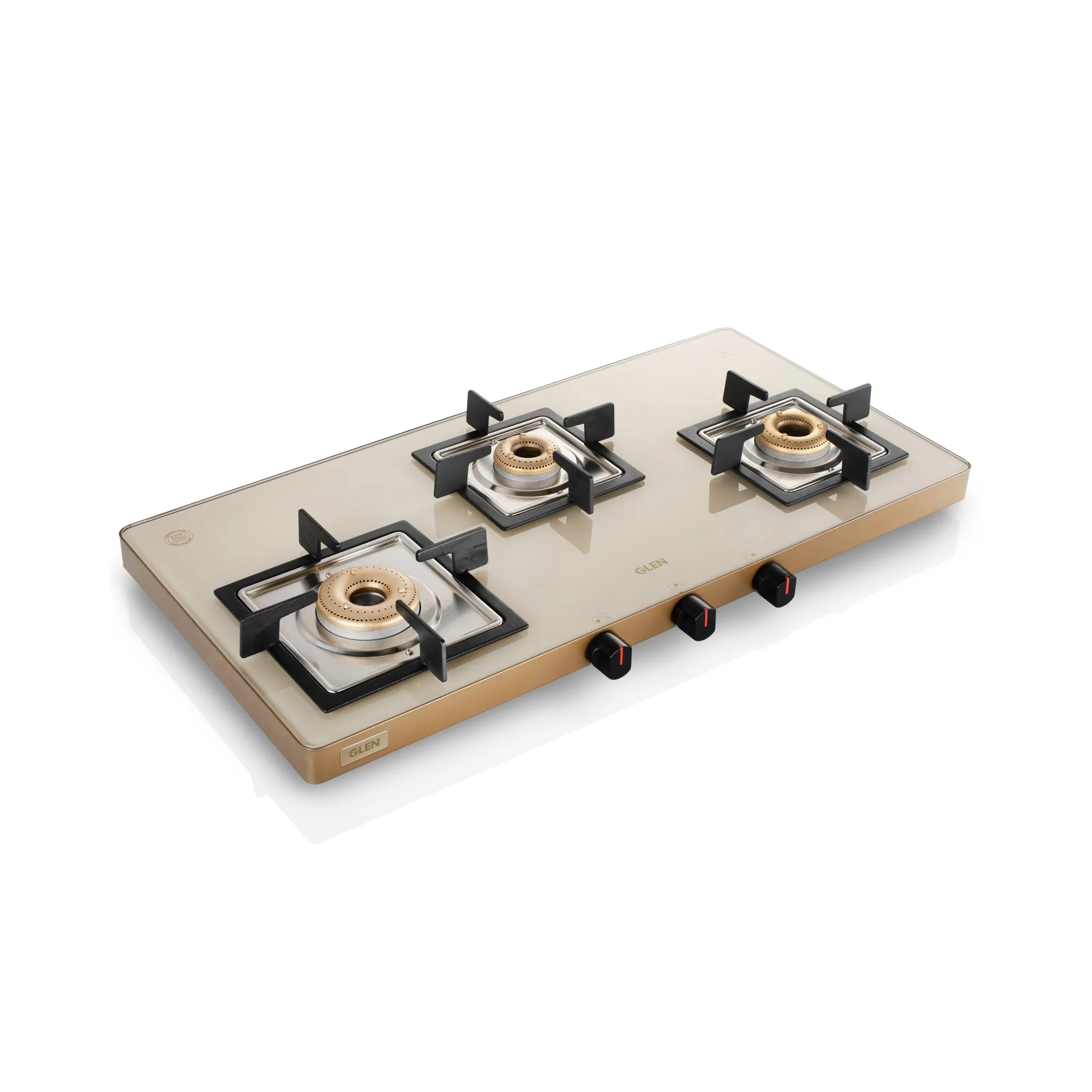 3 Burner Ultra Slim Apricot Glass Gas Stove with High Flame Forged Brass Burner - Manual / Auto Ignition (1035 US)