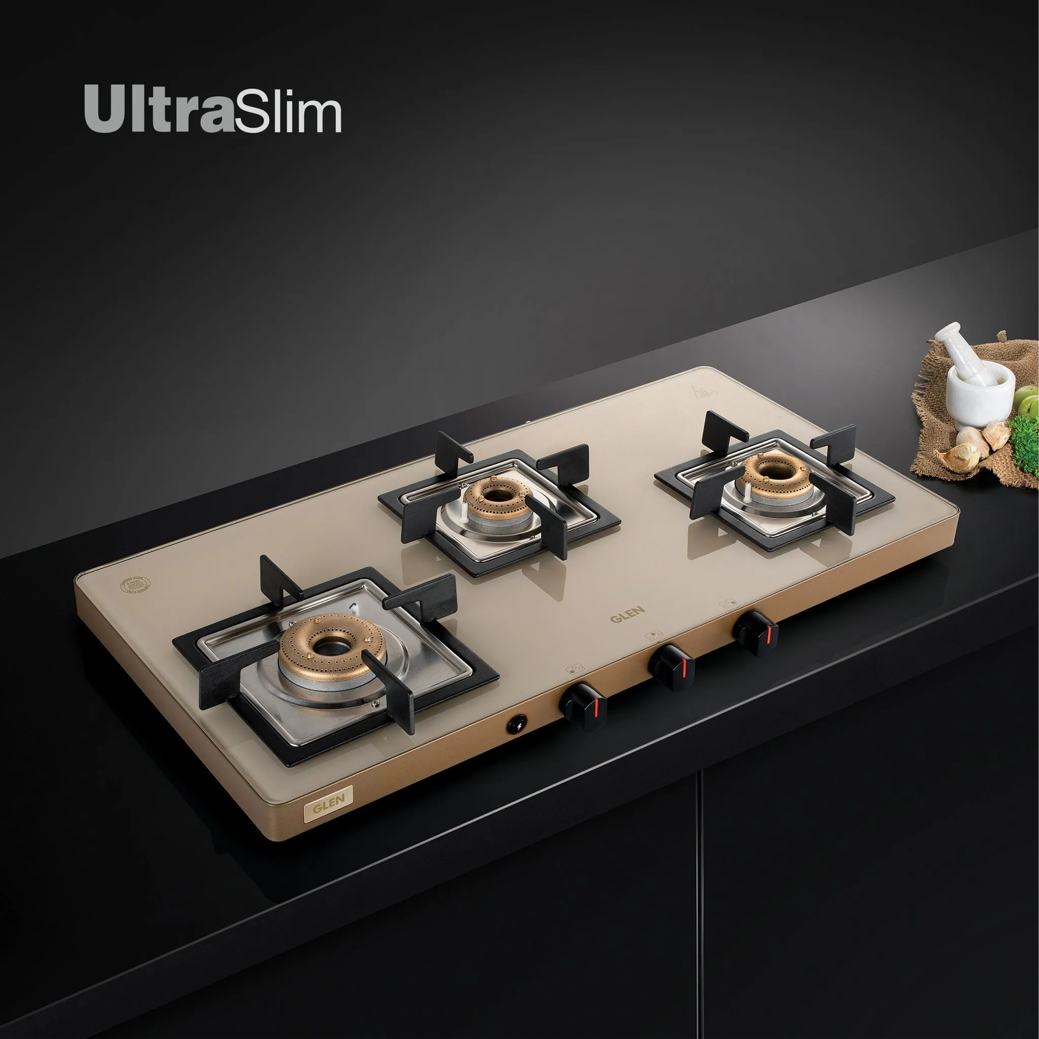 3 Burner Ultra Slim Apricot Glass Gas Stove with High Flame Forged Brass Burner - Manual / Auto Ignition (1035 US)