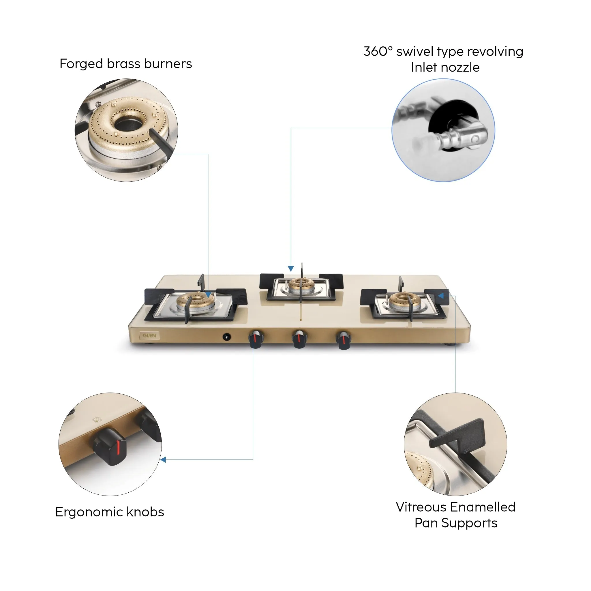 3 Burner Ultra Slim Apricot Glass Gas Stove with High Flame Forged Brass Burner - Manual / Auto Ignition (1035 US)