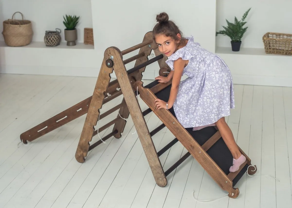 3in1 Montessori Climbing Frame Set: Triangle Ladder   Slide Board/Ramp   Net – Chocolate