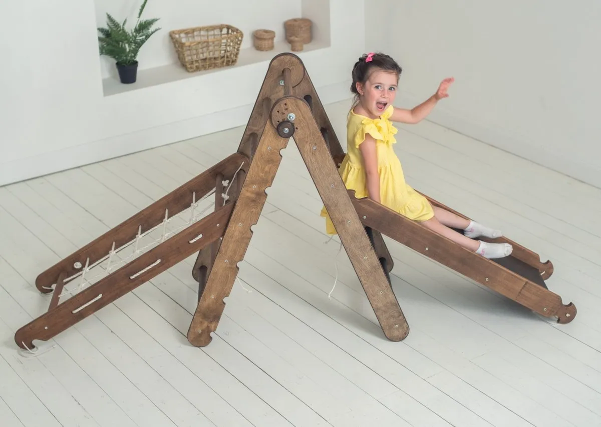 3in1 Montessori Climbing Frame Set: Triangle Ladder   Slide Board/Ramp   Net – Chocolate