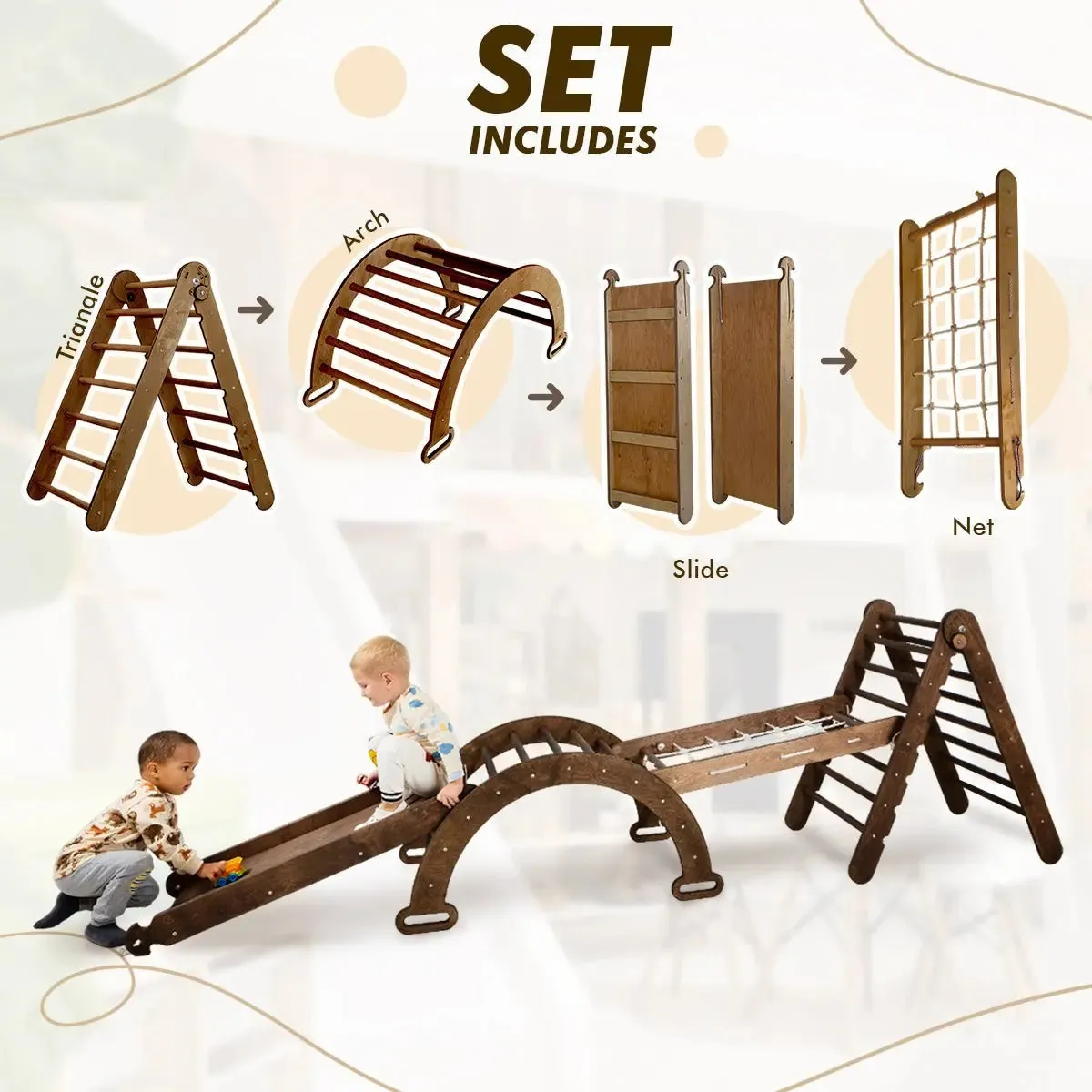 5in1 Montessori Climbing Set: Triangle Ladder   Arch/Rocker   Slide Board/Ramp   Net   Cushion – Chocolate