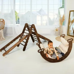 5in1 Montessori Climbing Set: Triangle Ladder   Arch/Rocker   Slide Board/Ramp   Net   Cushion – Chocolate