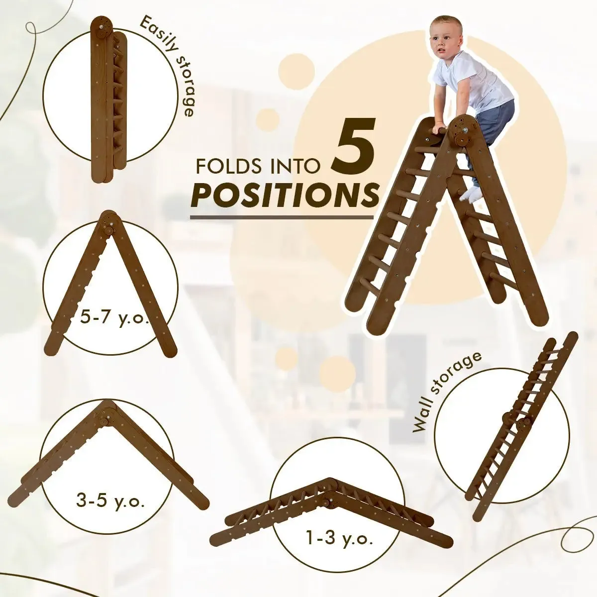 5in1 Montessori Climbing Set: Triangle Ladder   Arch/Rocker   Slide Board/Ramp   Net   Cushion – Chocolate