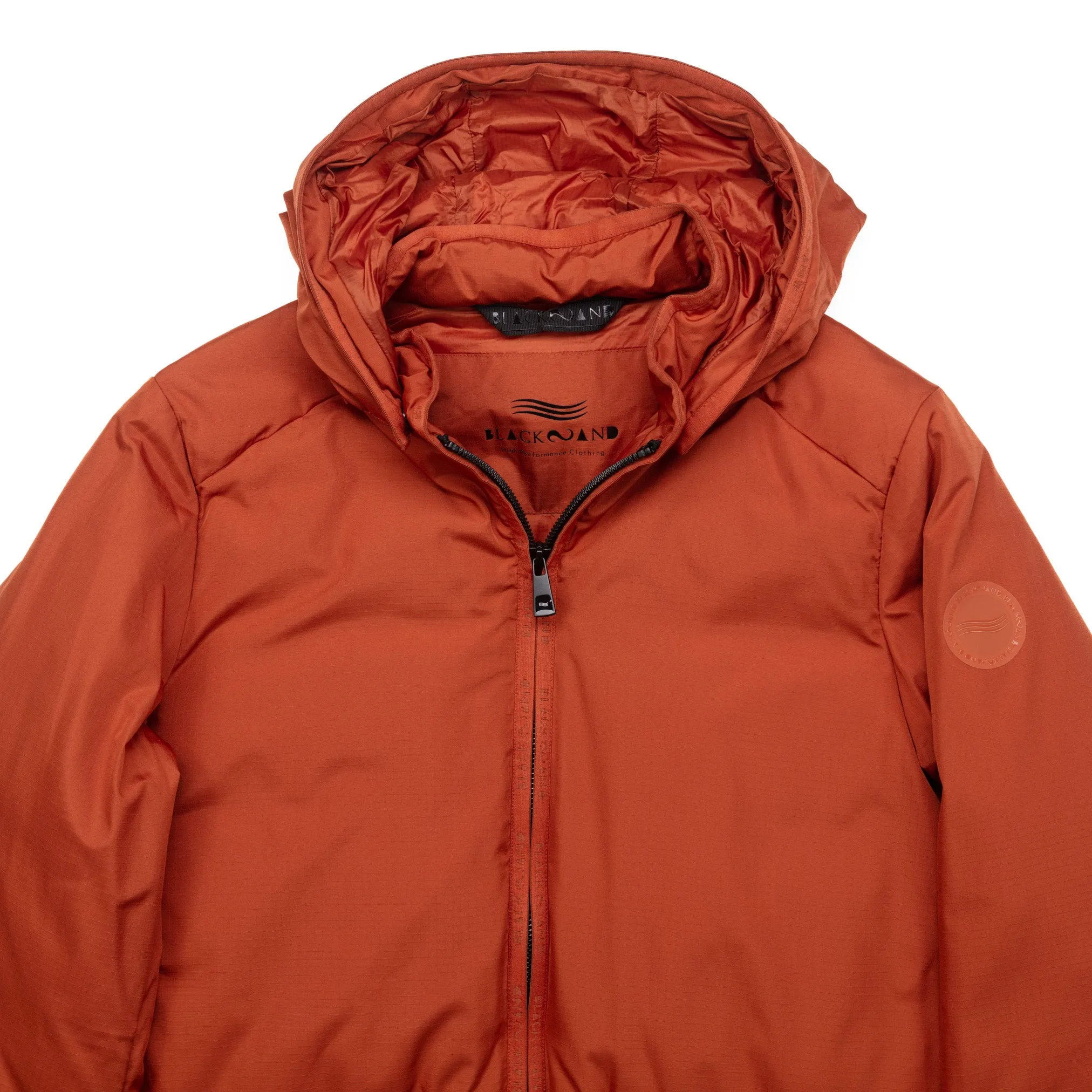 Long Insulated Hooded Jacket in Dark Orange