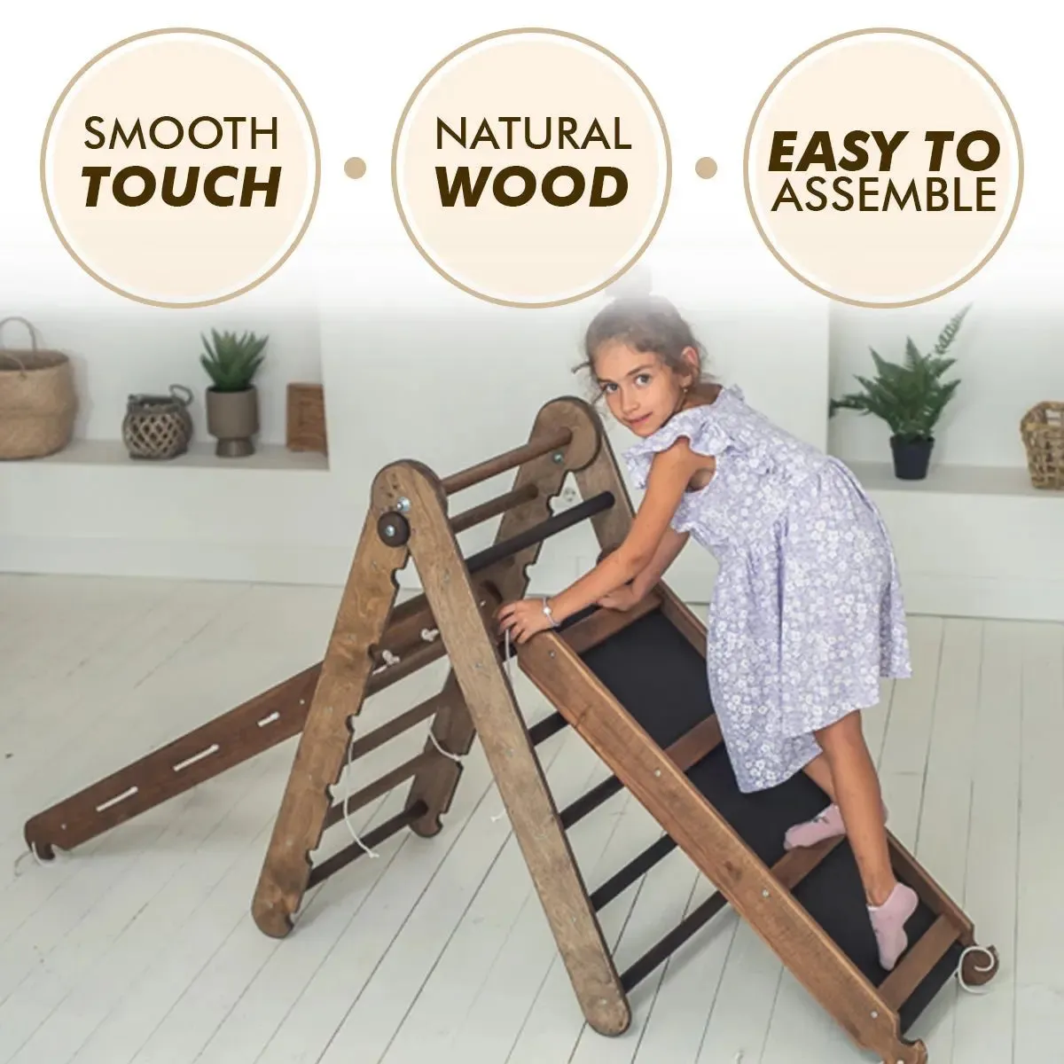 The 4in1 Montessori Climbing Set consists of: Triangle Ladder   Arch/Rocker   Slide Board/Ramp   Net – Chocolate