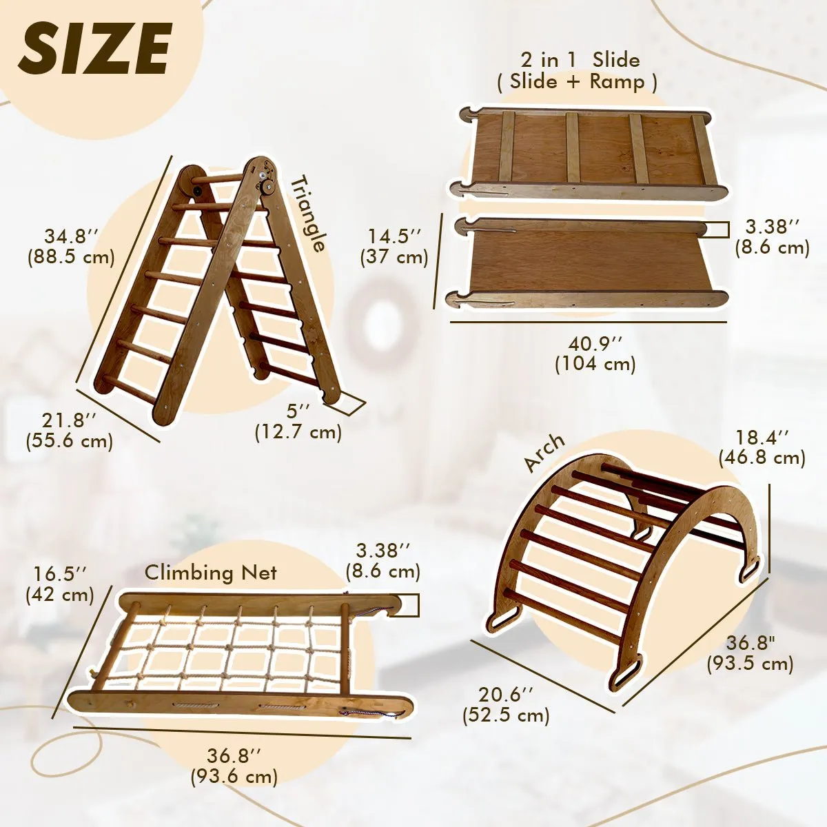 The 4in1 Montessori Climbing Set consists of: Triangle Ladder   Arch/Rocker   Slide Board/Ramp   Net – Chocolate