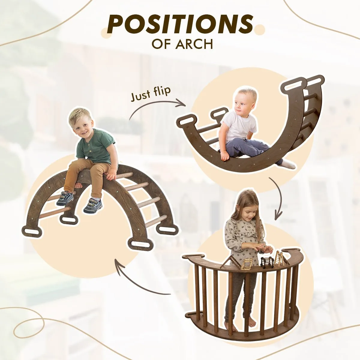 The 4in1 Montessori Climbing Set consists of: Triangle Ladder   Arch/Rocker   Slide Board/Ramp   Net – Chocolate