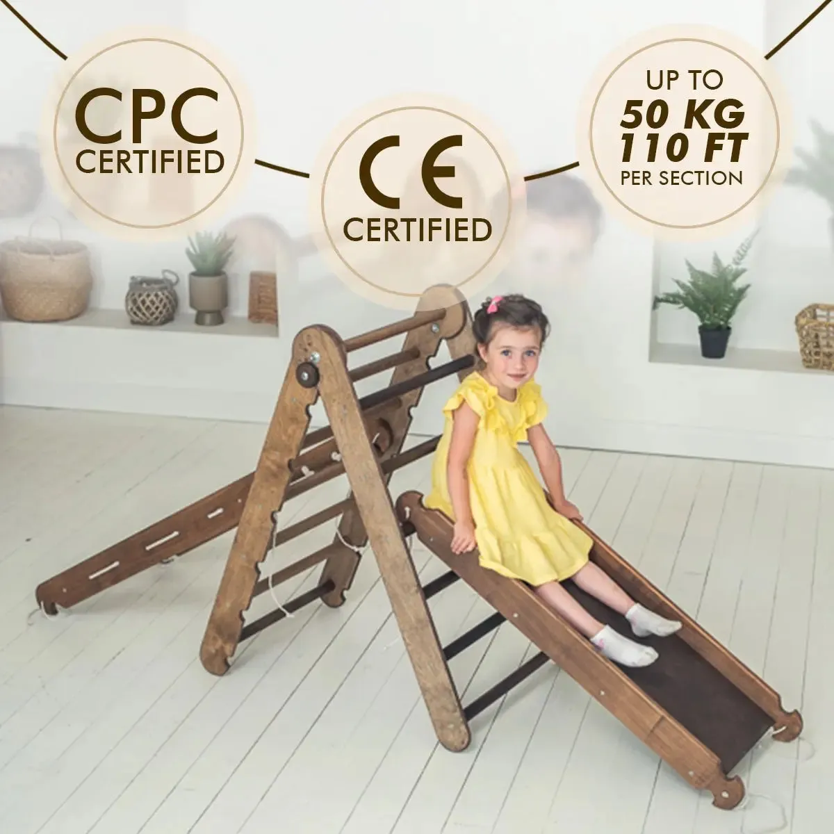 The 4in1 Montessori Climbing Set consists of: Triangle Ladder   Arch/Rocker   Slide Board/Ramp   Net – Chocolate