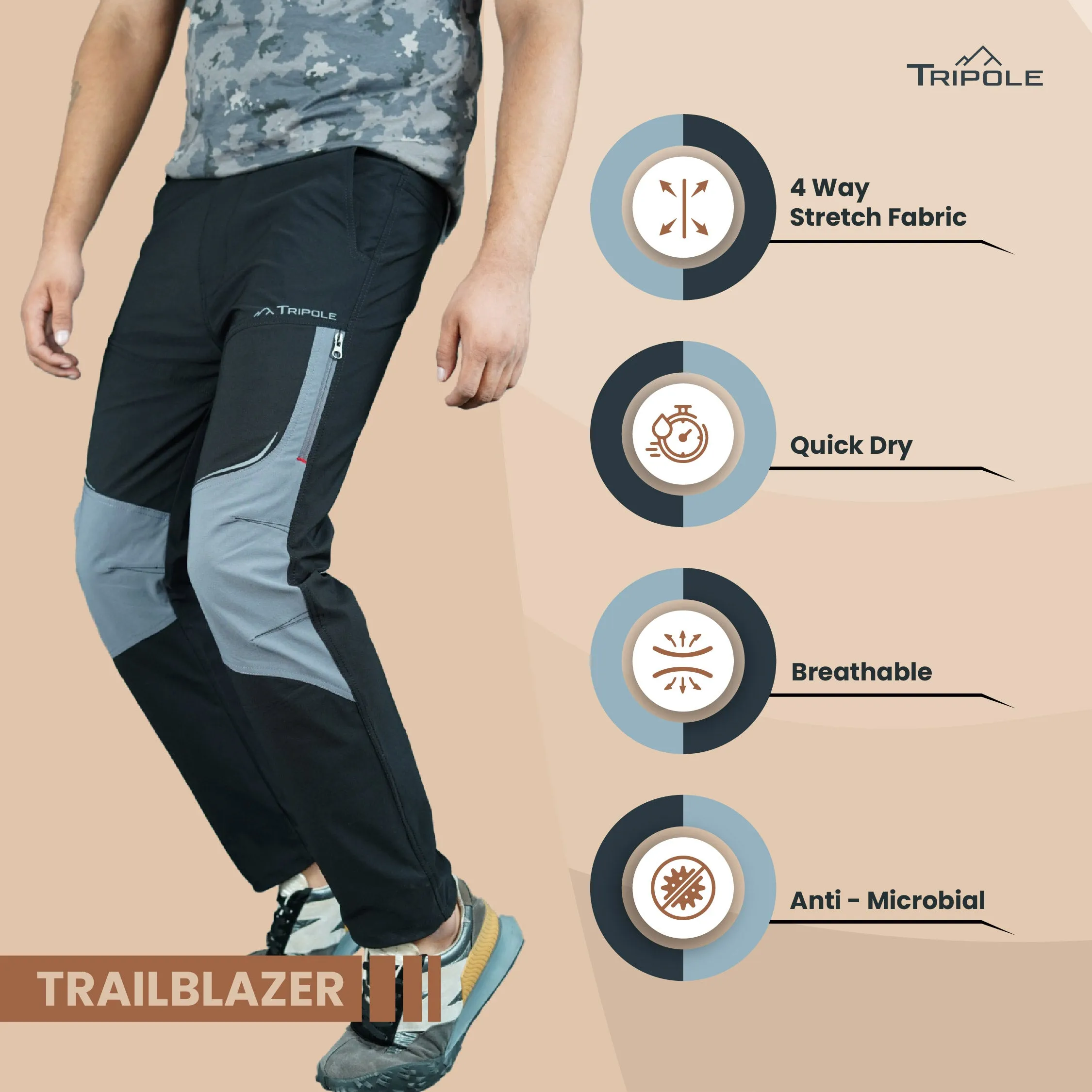 Tripole Trailblazer Trekking and Hiking Pants and Cargo for Outdoors and Travelling | Black