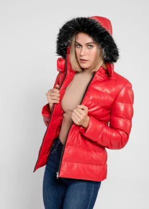 Women's Striking Puffer Down Red Leather Jacket with Fur