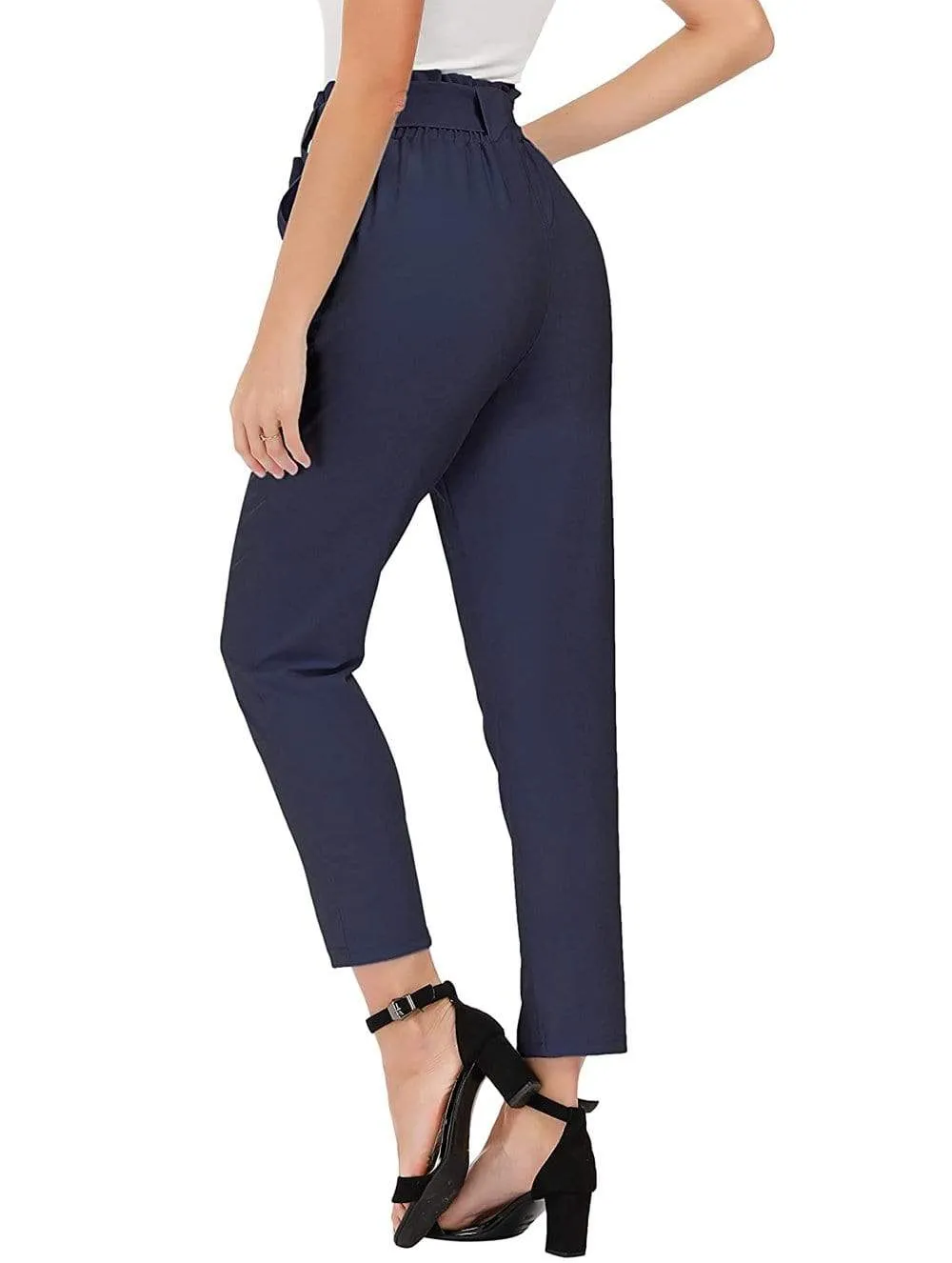 Women's Tie Belt High Paper Bag Waist Slim Pull On Pant