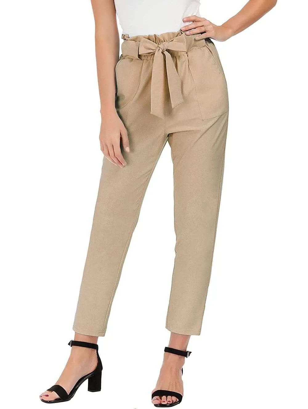 Women's Tie Belt High Paper Bag Waist Slim Pull On Pant